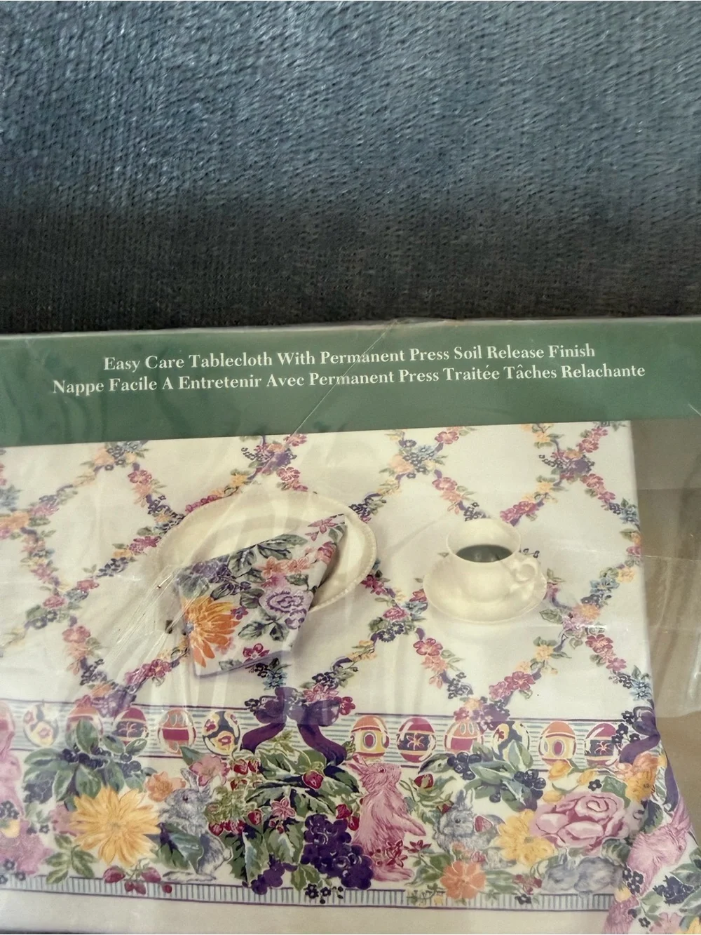 NWT Royal Linens Easter Tablecloth Floral Cotton Bunny Purple Green 60x102